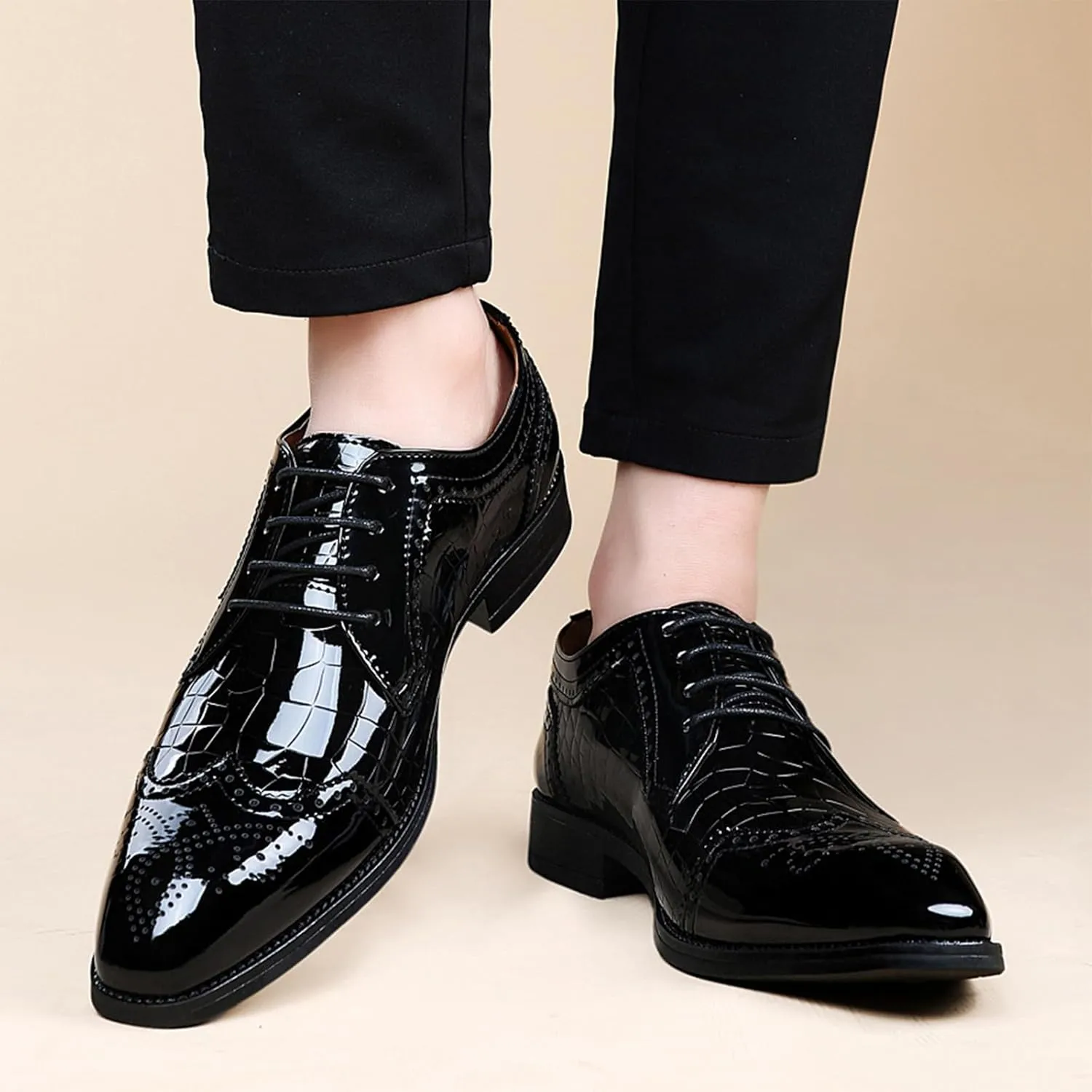Men's Stitching Leather Lace-Up Dress Oxford Shoes Business Party Formal Shoes Comfortable Anti-Slip Pointed Toe Causal Shoes