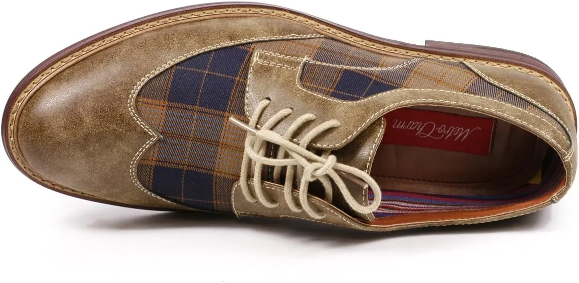 Metrocharm MET525-1 Men's Plaid Lace Up Wing Tip Classic Oxford Dress Shoes