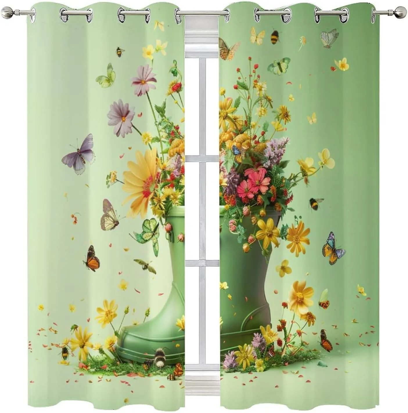 Modern Boot Butterfly Floral Blackout Curtains, Plant Daisy Nature Garden Grommet Thermal Insulated Curtains Window Drapes for Bedroom Living Room, 2 Panels, Each 31.5W x 63L