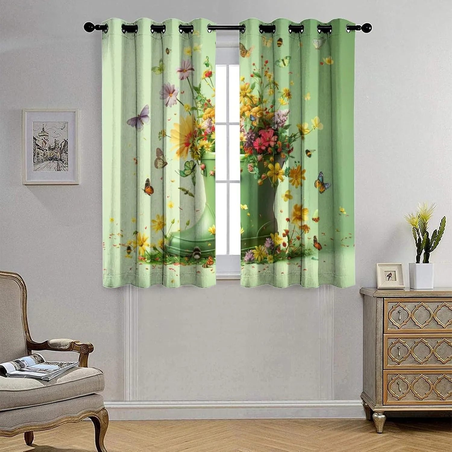 Modern Boot Butterfly Floral Blackout Curtains, Plant Daisy Nature Garden Grommet Thermal Insulated Curtains Window Drapes for Bedroom Living Room, 2 Panels, Each 31.5W x 63L