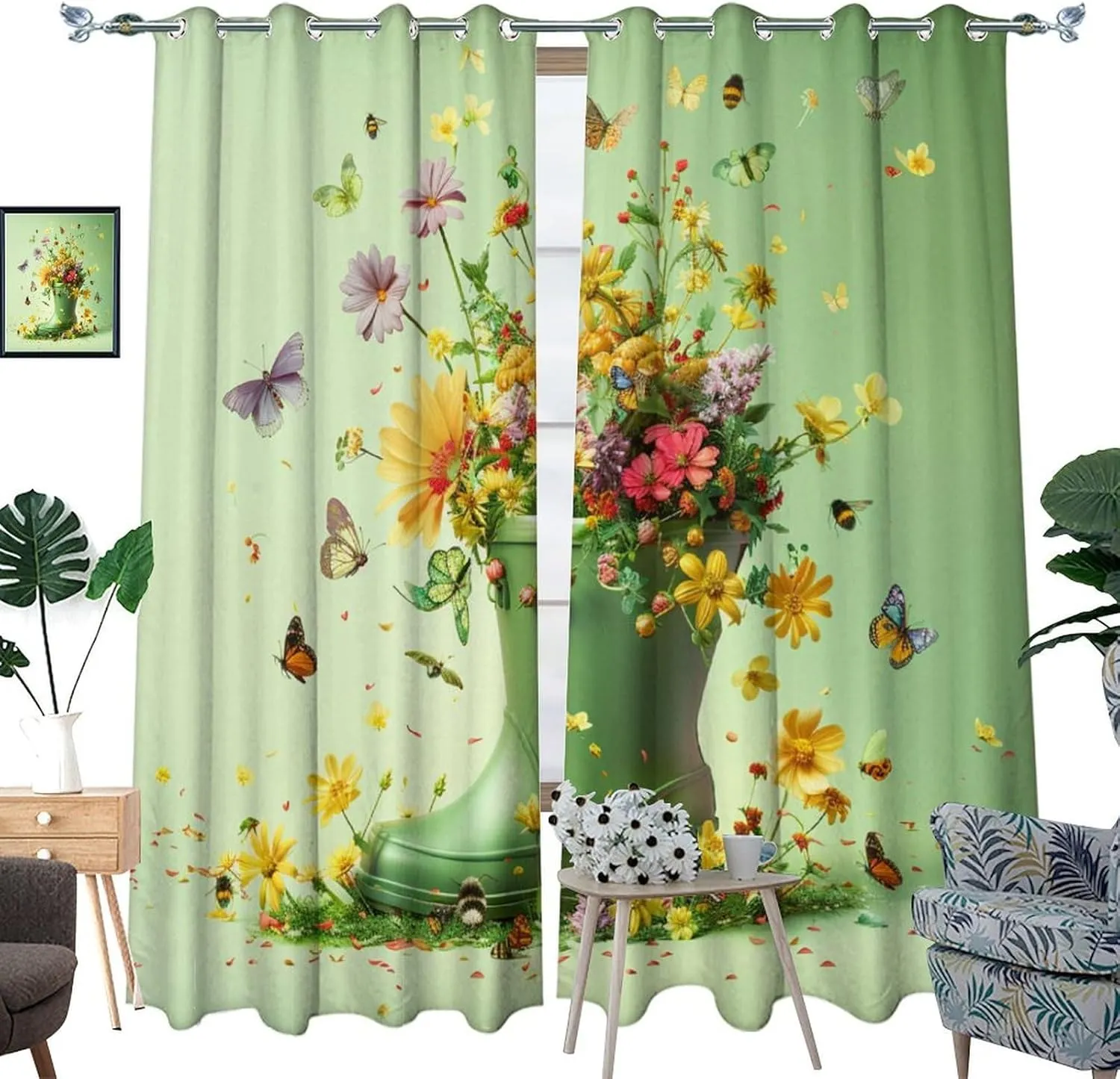 Modern Boot Butterfly Floral Blackout Curtains, Plant Daisy Nature Garden Grommet Thermal Insulated Curtains Window Drapes for Bedroom Living Room, 2 Panels, Each 31.5W x 63L