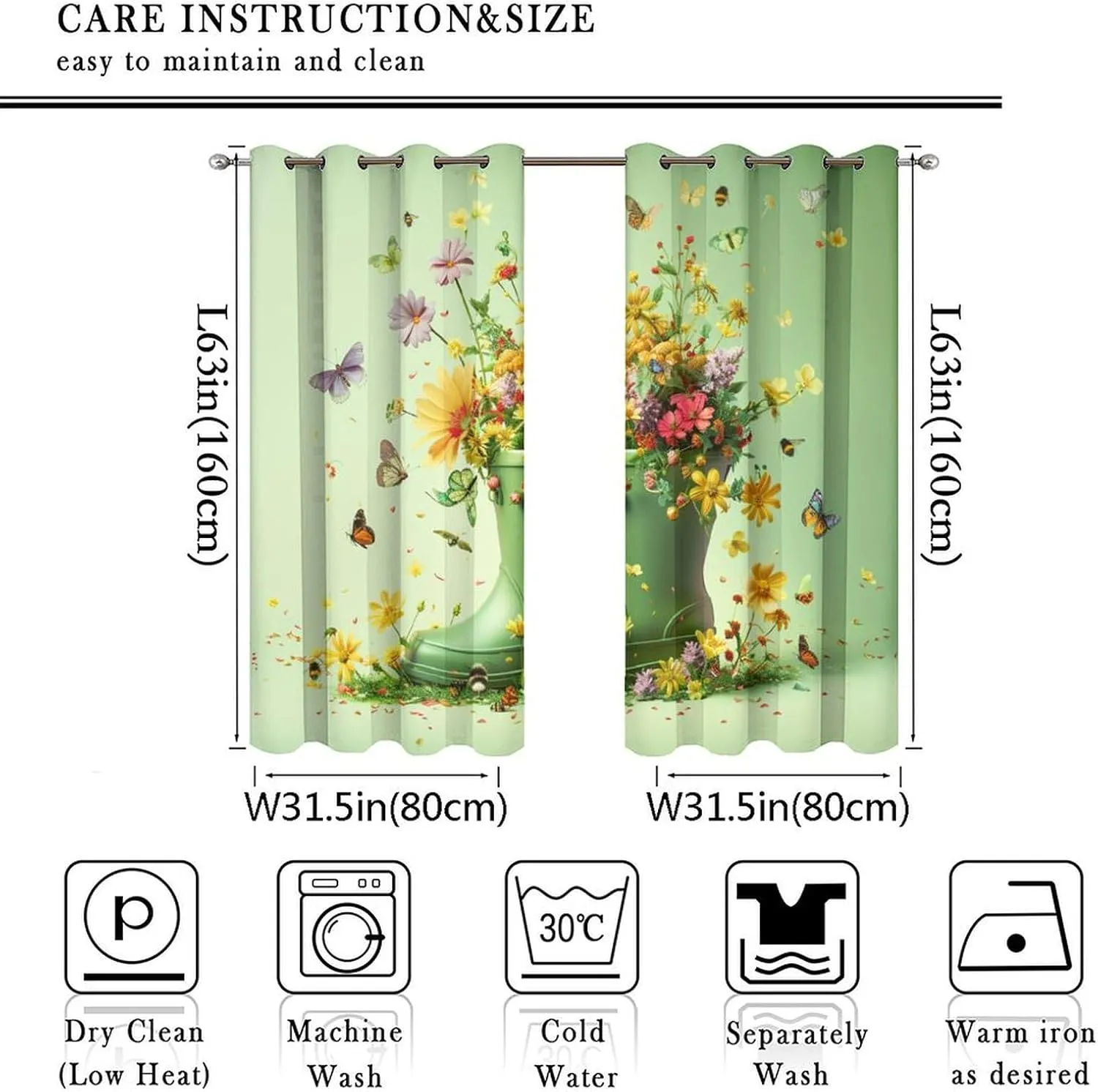 Modern Boot Butterfly Floral Blackout Curtains, Plant Daisy Nature Garden Grommet Thermal Insulated Curtains Window Drapes for Bedroom Living Room, 2 Panels, Each 31.5W x 63L