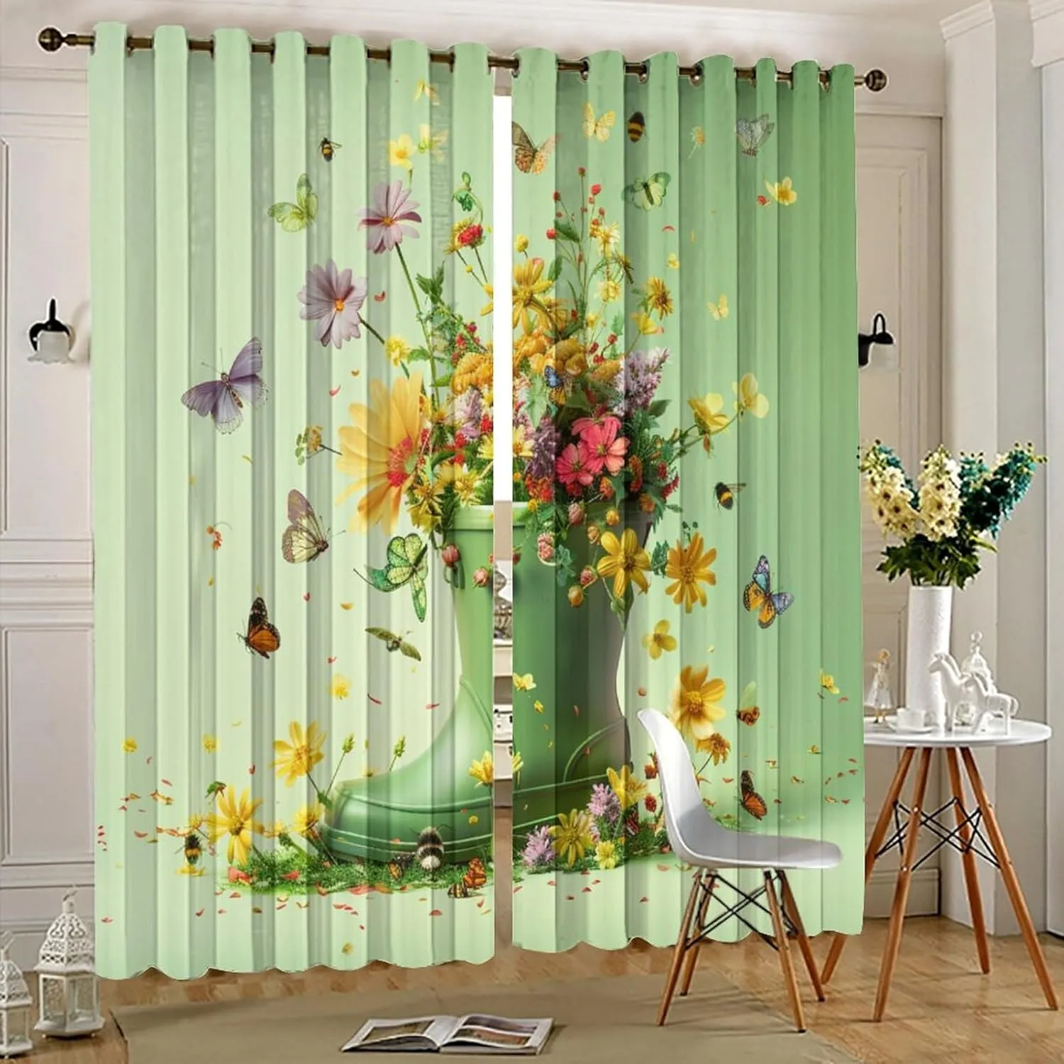 Modern Boot Butterfly Floral Blackout Curtains, Plant Daisy Nature Garden Grommet Thermal Insulated Curtains Window Drapes for Bedroom Living Room, 2 Panels, Each 31.5W x 63L