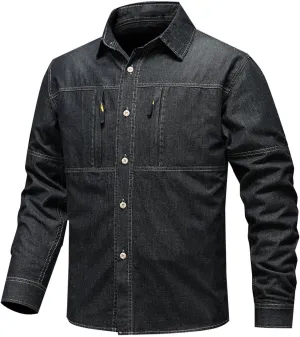 Muscularfit Mens Shirts Casual Big and Tall Long Sleeve Denim Button Downs Tshirt Slim Fit Solid Collared Shirts with Pockets