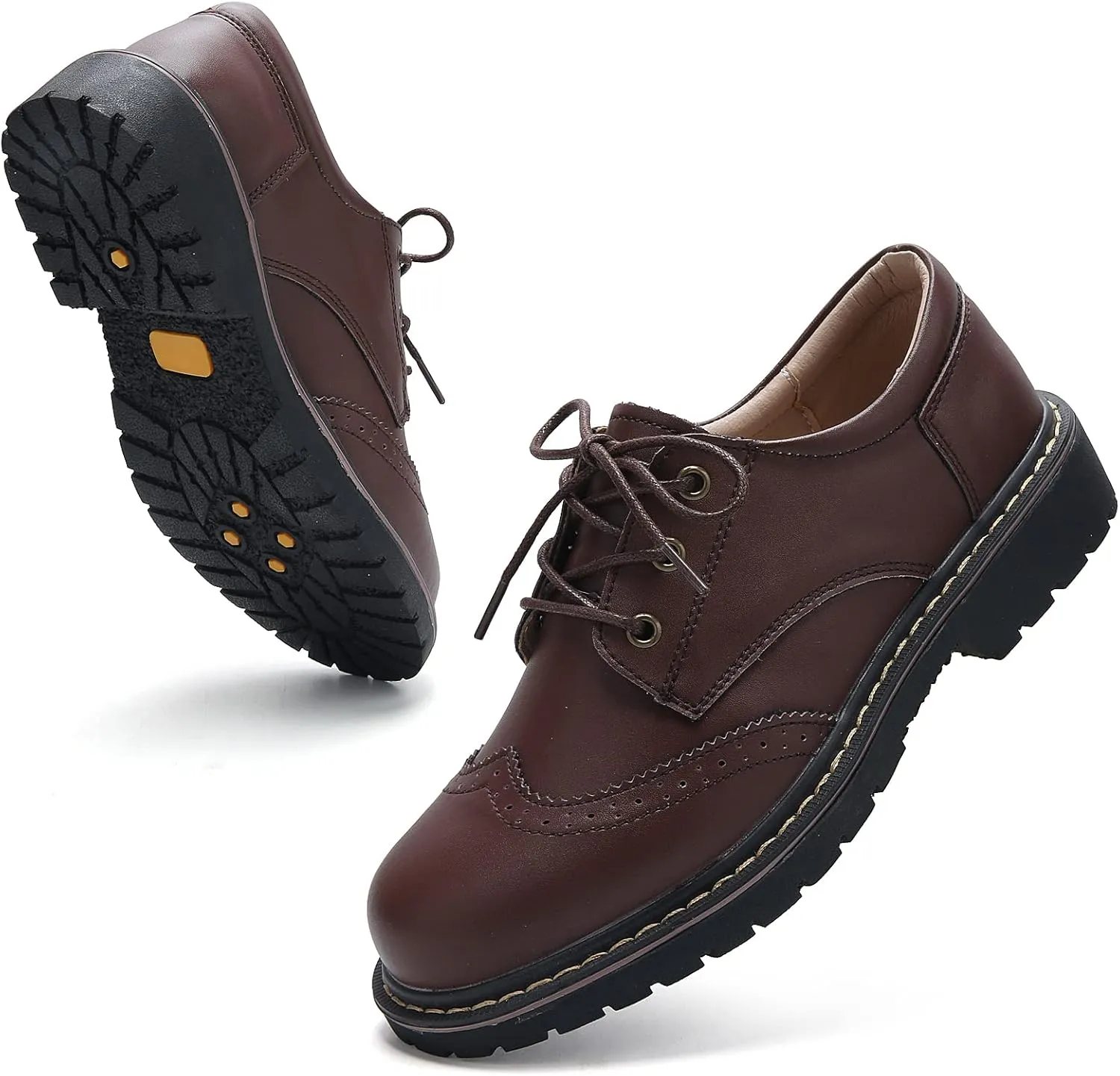 Oxford Shoes for Women,Perforated Lace-up Round Toe Leather Low Heel Brogues Shoe for Girls Ladies Women