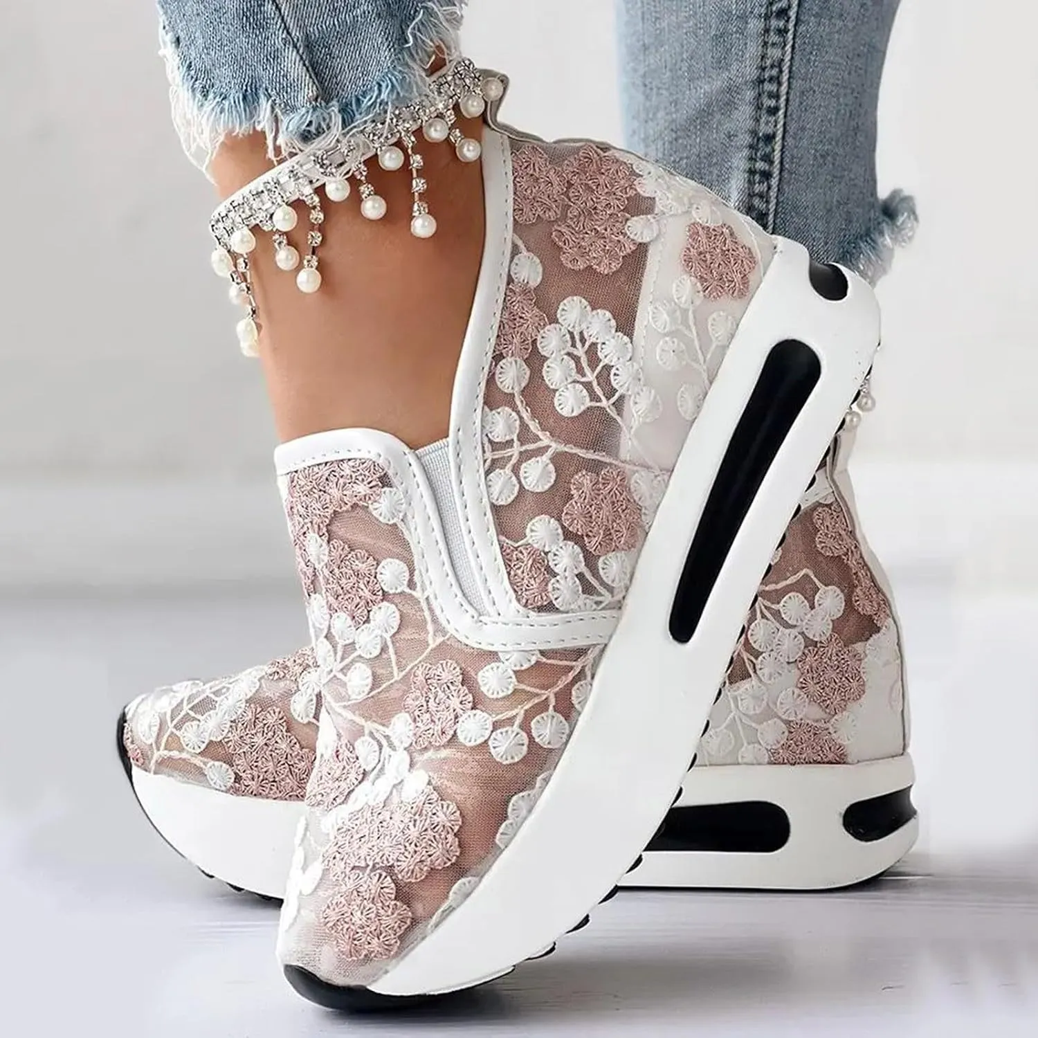 Platform Wedge Sneakers for Women Fashion Floral Embroidered Mesh Shoe Comfort Chunky Sole Hidden High Heels Slip On Loafers Dressy Casual Breathable Walking Shoes with Arch Support