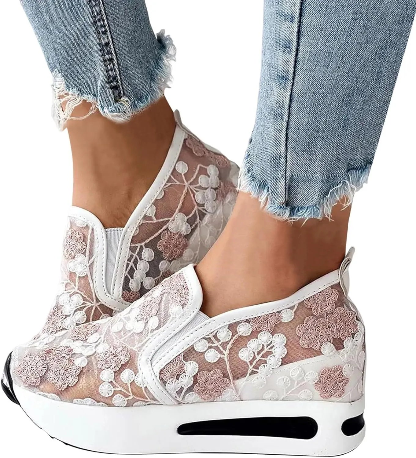 Platform Wedge Sneakers for Women Fashion Floral Embroidered Mesh Shoe Comfort Chunky Sole Hidden High Heels Slip On Loafers Dressy Casual Breathable Walking Shoes with Arch Support