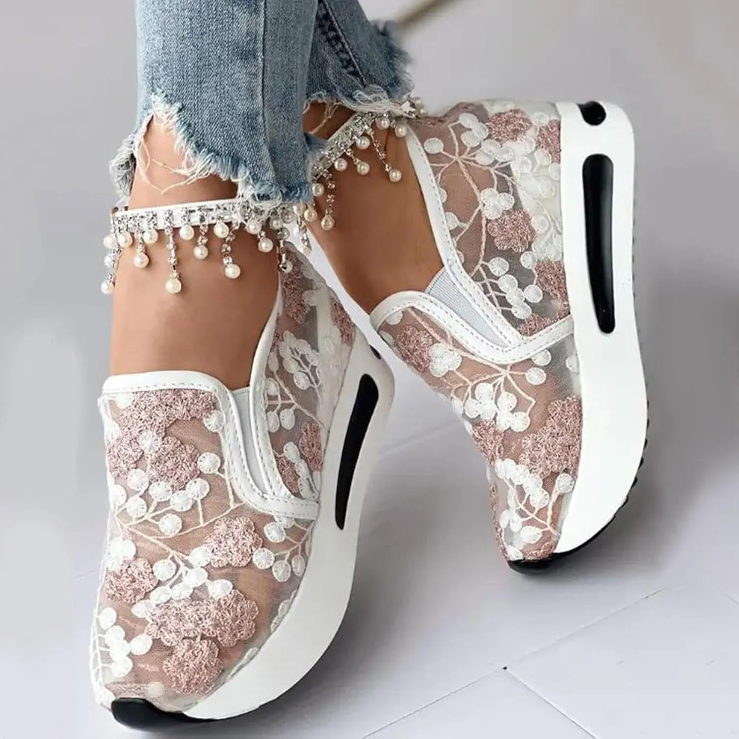 Platform Wedge Sneakers for Women Fashion Floral Embroidered Mesh Shoe Comfort Chunky Sole Hidden High Heels Slip On Loafers Dressy Casual Breathable Walking Shoes with Arch Support