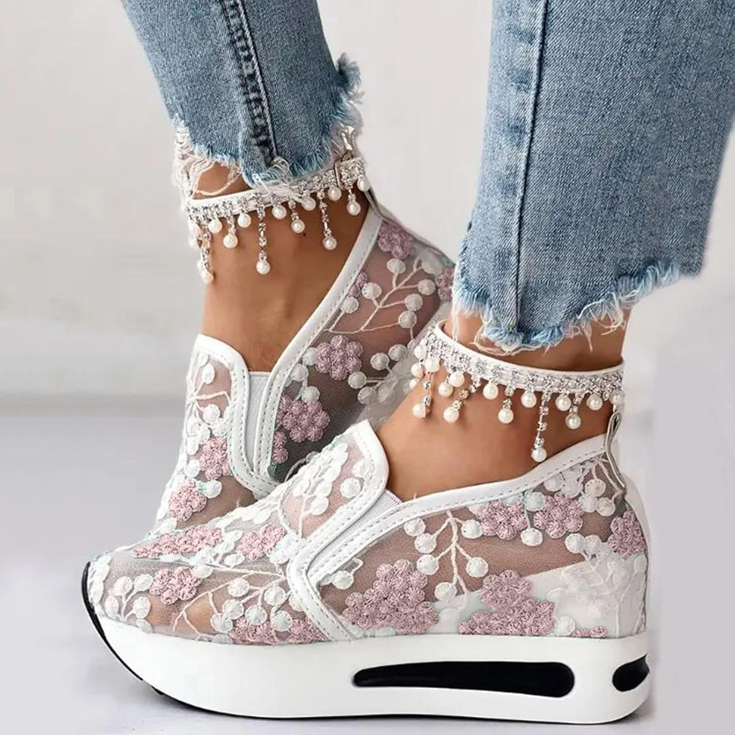 Platform Wedge Sneakers for Women Fashion Floral Embroidered Mesh Shoe Comfort Chunky Sole Hidden High Heels Slip On Loafers Dressy Casual Breathable Walking Shoes with Arch Support
