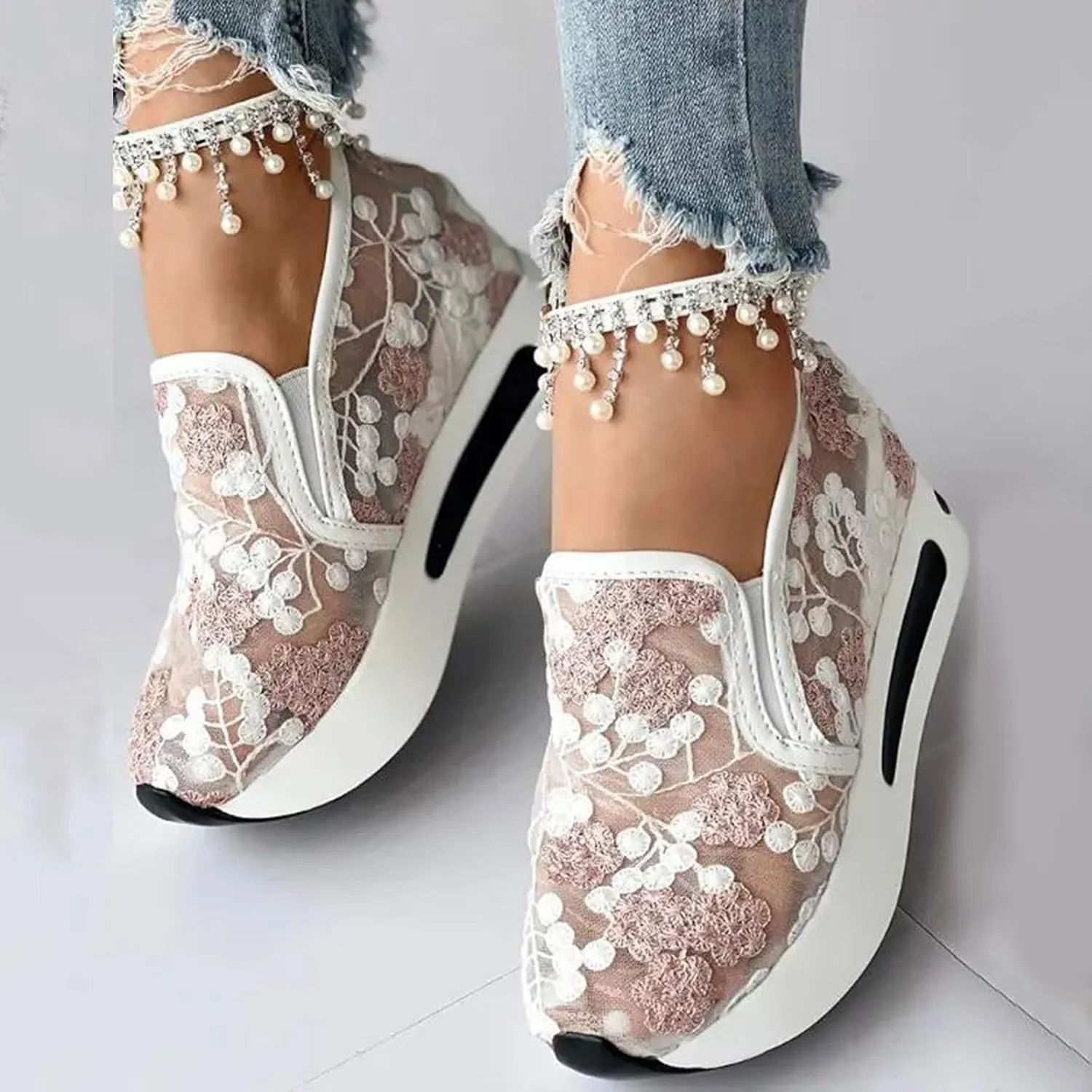Platform Wedge Sneakers for Women Fashion Floral Embroidered Mesh Shoe Comfort Chunky Sole Hidden High Heels Slip On Loafers Dressy Casual Breathable Walking Shoes with Arch Support