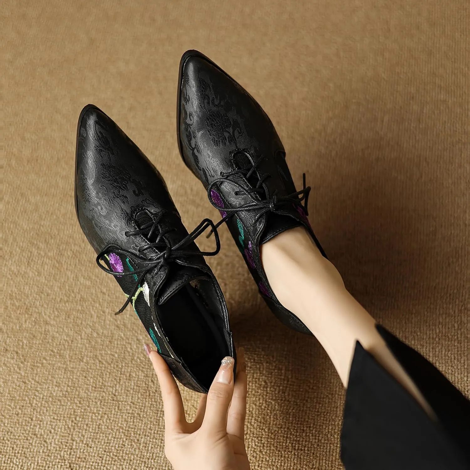 Pointed Toe Oxford Block Heel Women Lace Up Formal Shoes