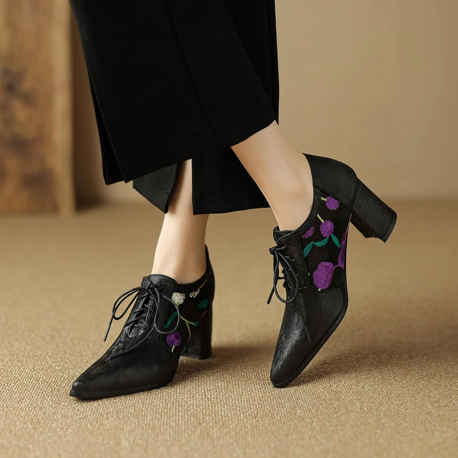 Pointed Toe Oxford Block Heel Women Lace Up Formal Shoes