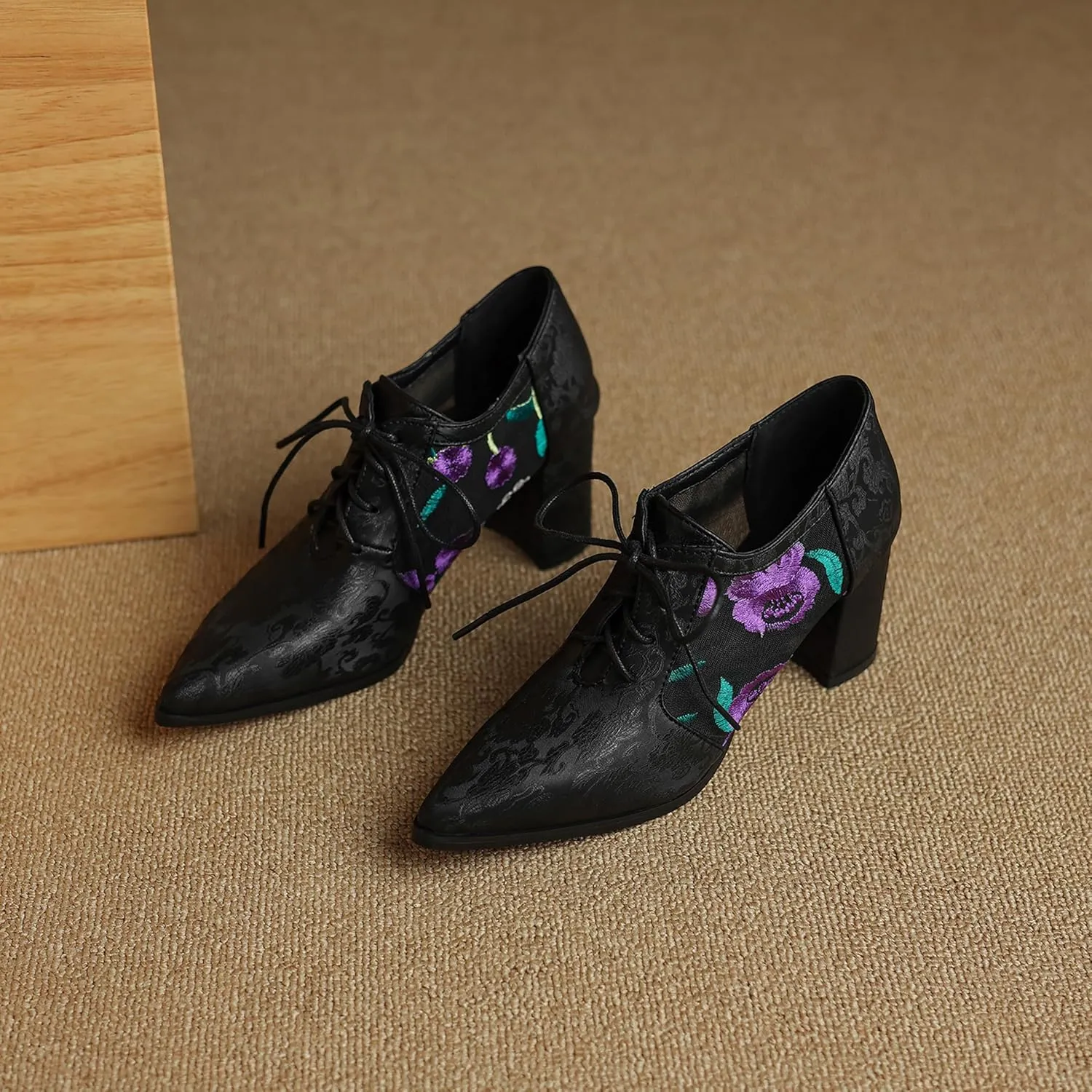 Pointed Toe Oxford Block Heel Women Lace Up Formal Shoes