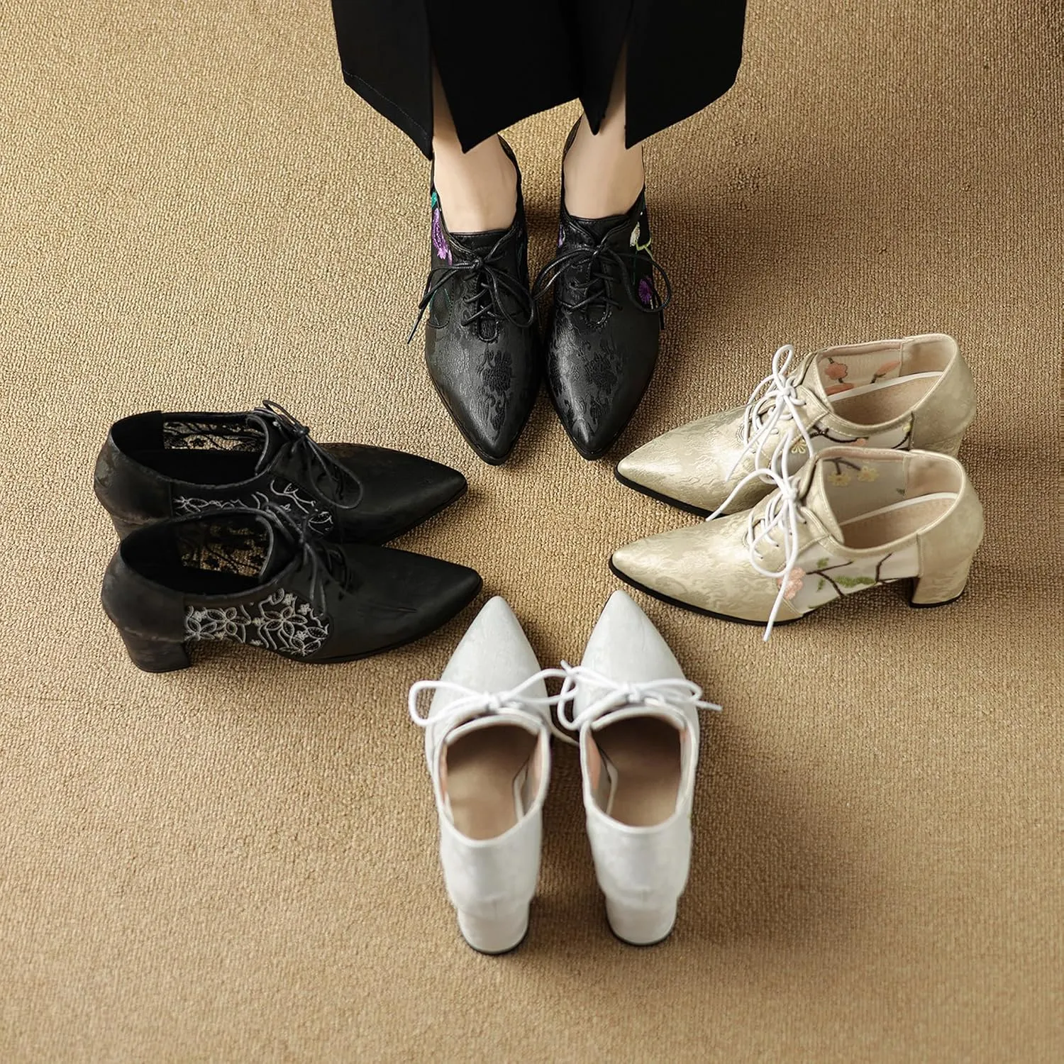 Pointed Toe Oxford Block Heel Women Lace Up Formal Shoes