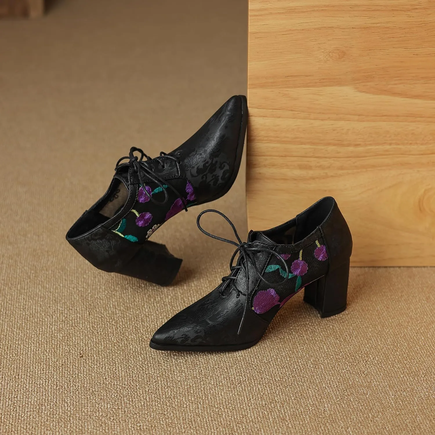 Pointed Toe Oxford Block Heel Women Lace Up Formal Shoes