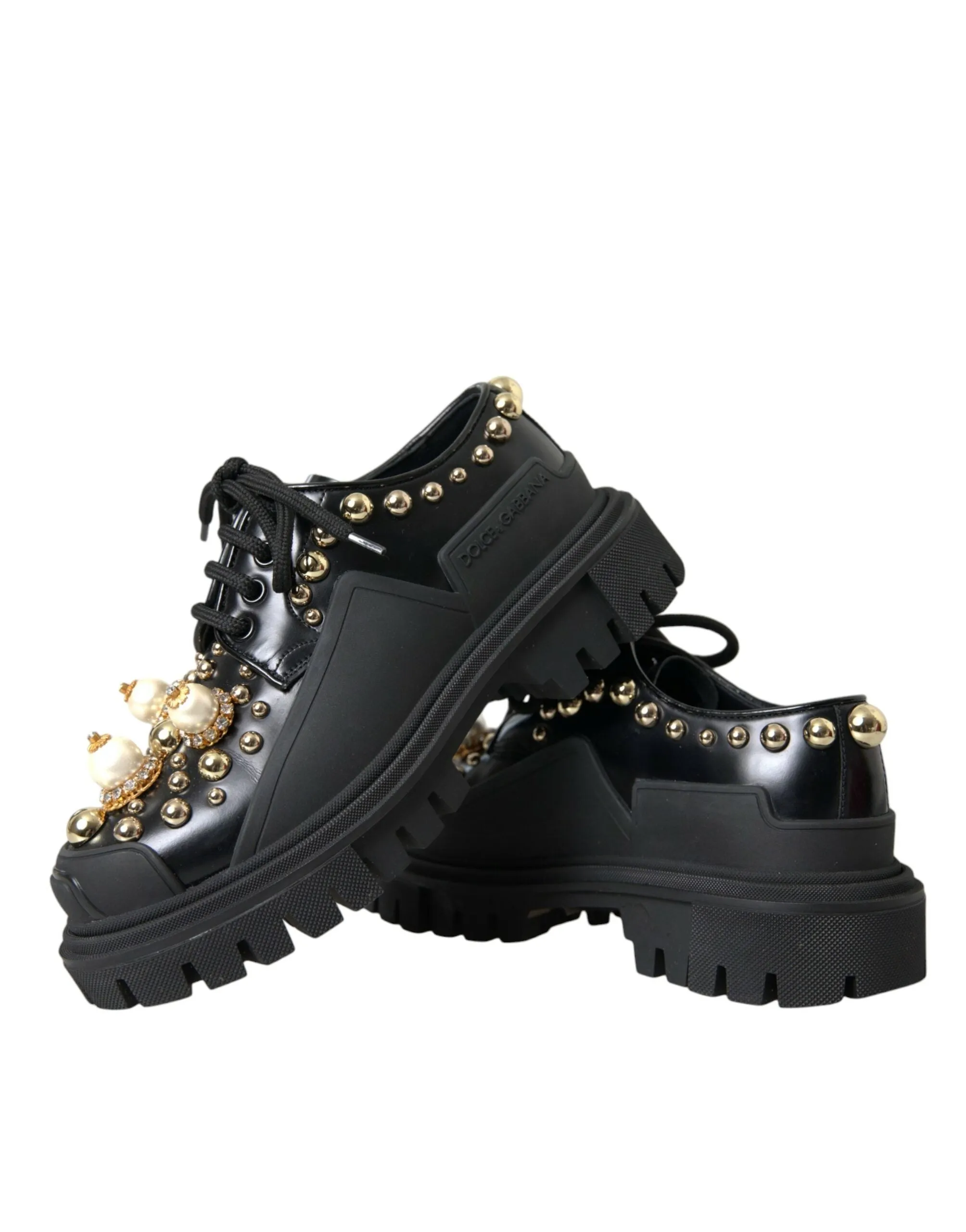 Professional service Embellished Derby Black Shoes Leather Digital Dolce Gabbana Trekking &