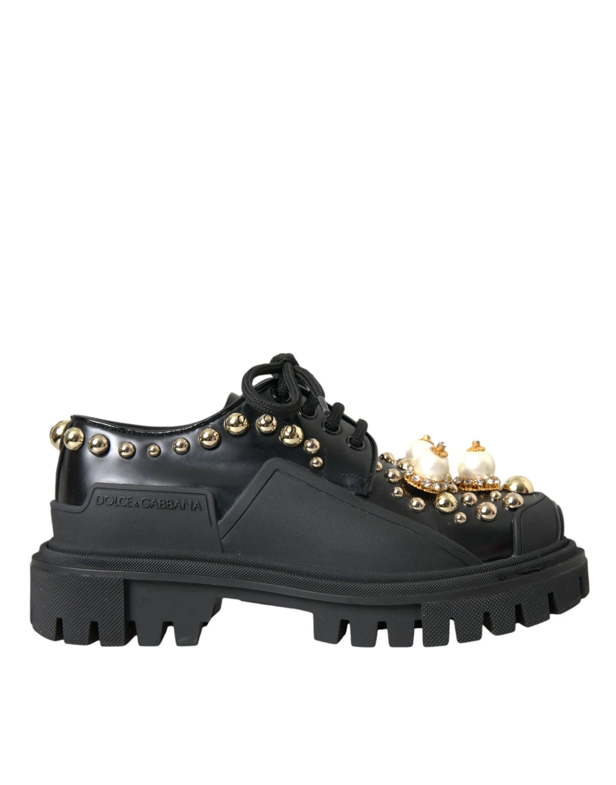 Professional service Embellished Derby Black Shoes Leather Digital Dolce Gabbana Trekking &