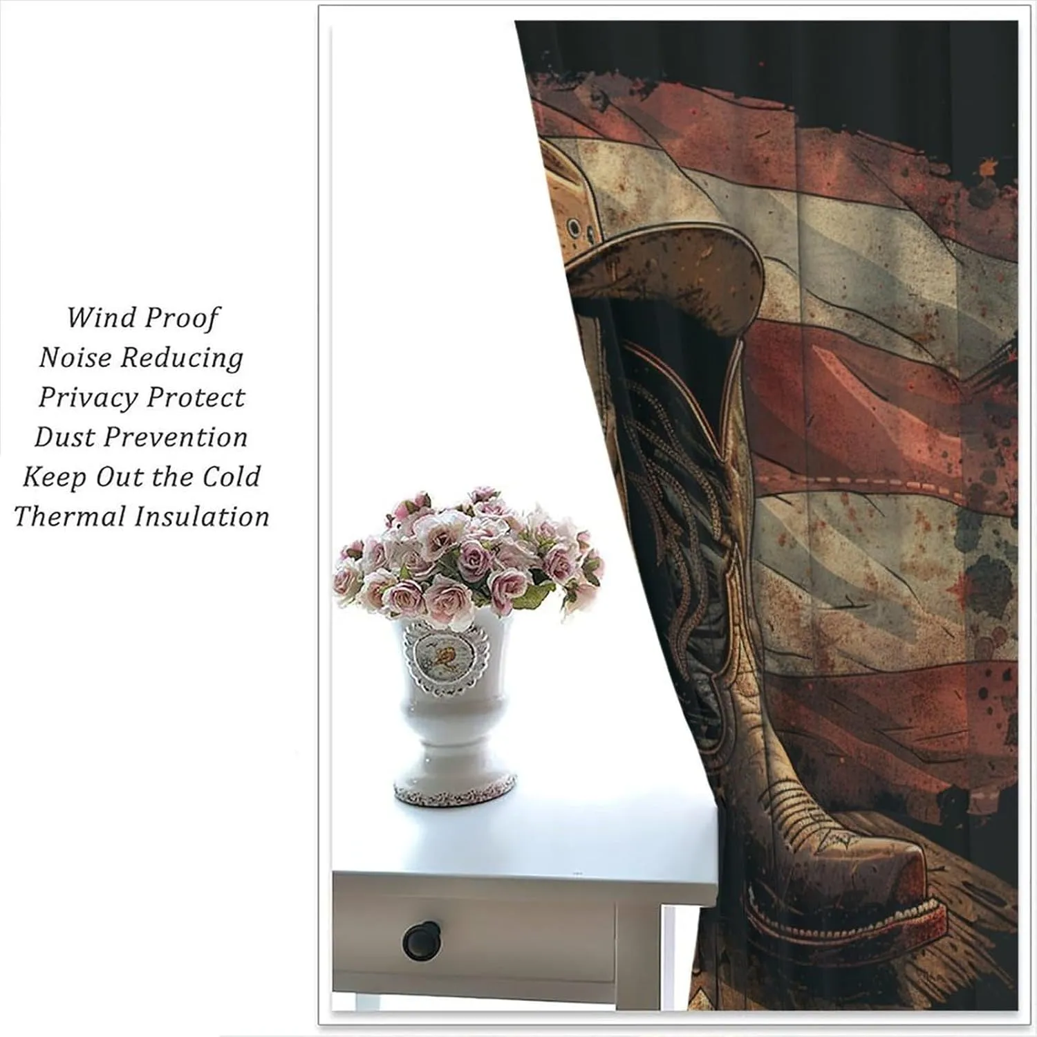 Retro Cowboy Hat Boot Blackout Curtains for Bedroom/Living Room, American Flag Star Striped Thermal Insulated Curtains Rod Pocket Window Drapes, 2 Panels/Each 27.5" W x 63" L