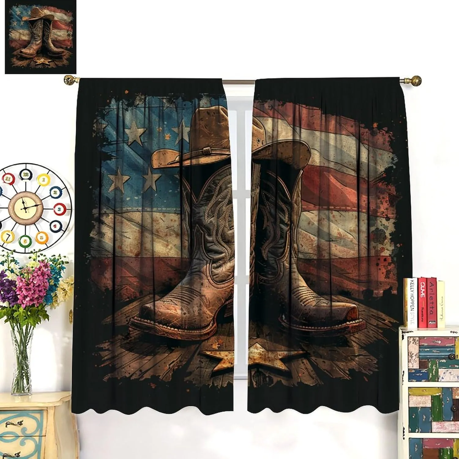 Retro Cowboy Hat Boot Blackout Curtains for Bedroom/Living Room, American Flag Star Striped Thermal Insulated Curtains Rod Pocket Window Drapes, 2 Panels/Each 27.5" W x 63" L