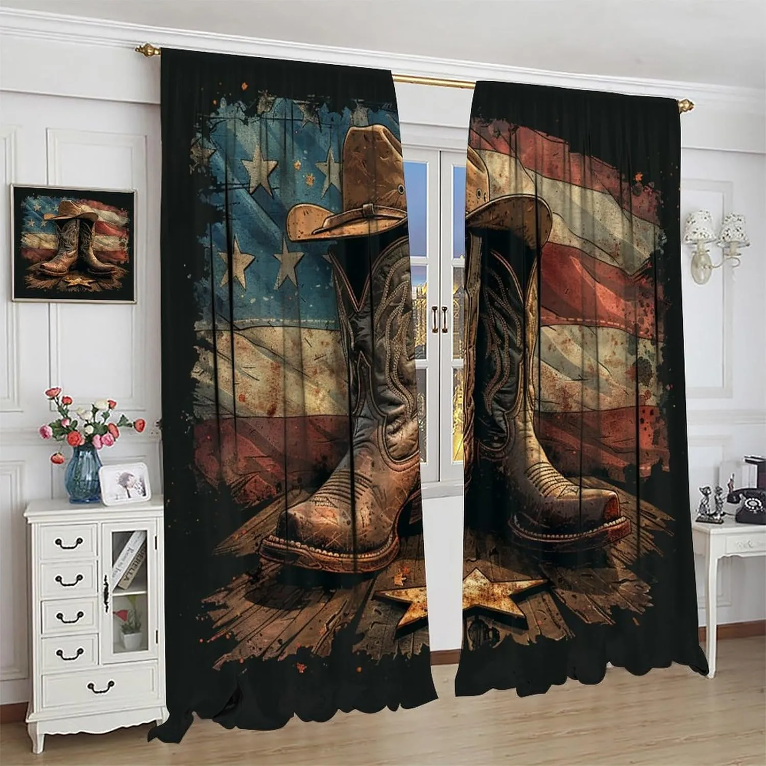 Retro Cowboy Hat Boot Blackout Curtains for Bedroom/Living Room, American Flag Star Striped Thermal Insulated Curtains Rod Pocket Window Drapes, 2 Panels/Each 27.5" W x 63" L