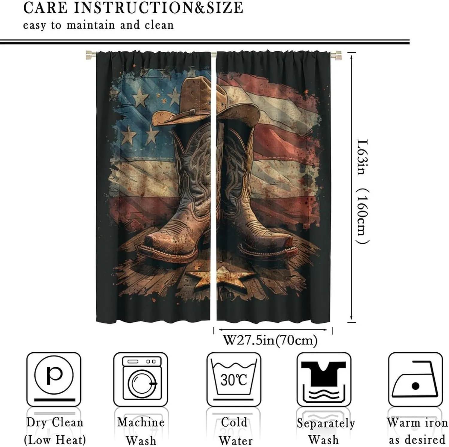 Retro Cowboy Hat Boot Blackout Curtains for Bedroom/Living Room, American Flag Star Striped Thermal Insulated Curtains Rod Pocket Window Drapes, 2 Panels/Each 27.5" W x 63" L