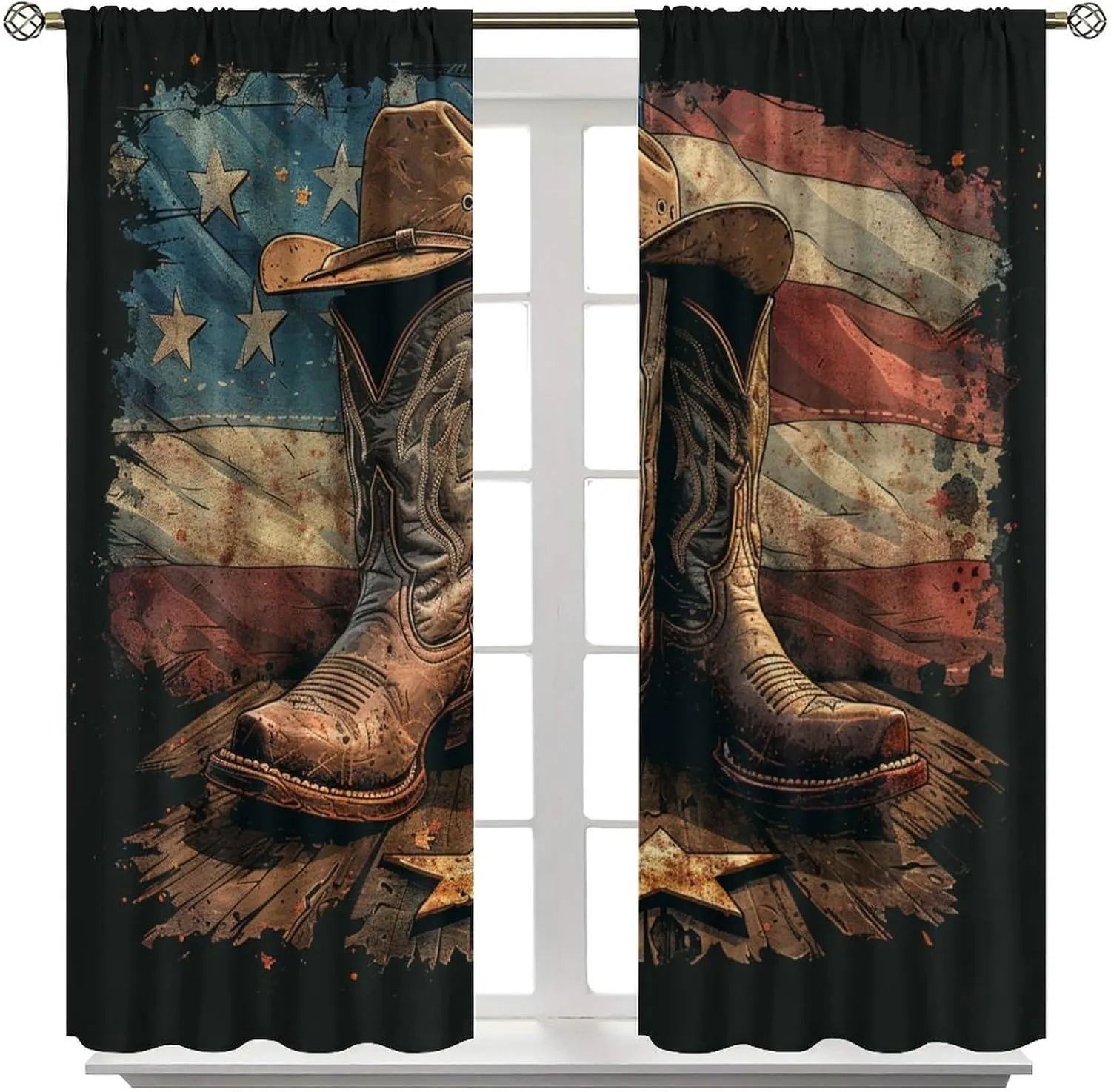 Retro Cowboy Hat Boot Blackout Curtains for Bedroom/Living Room, American Flag Star Striped Thermal Insulated Curtains Rod Pocket Window Drapes, 2 Panels/Each 27.5" W x 63" L