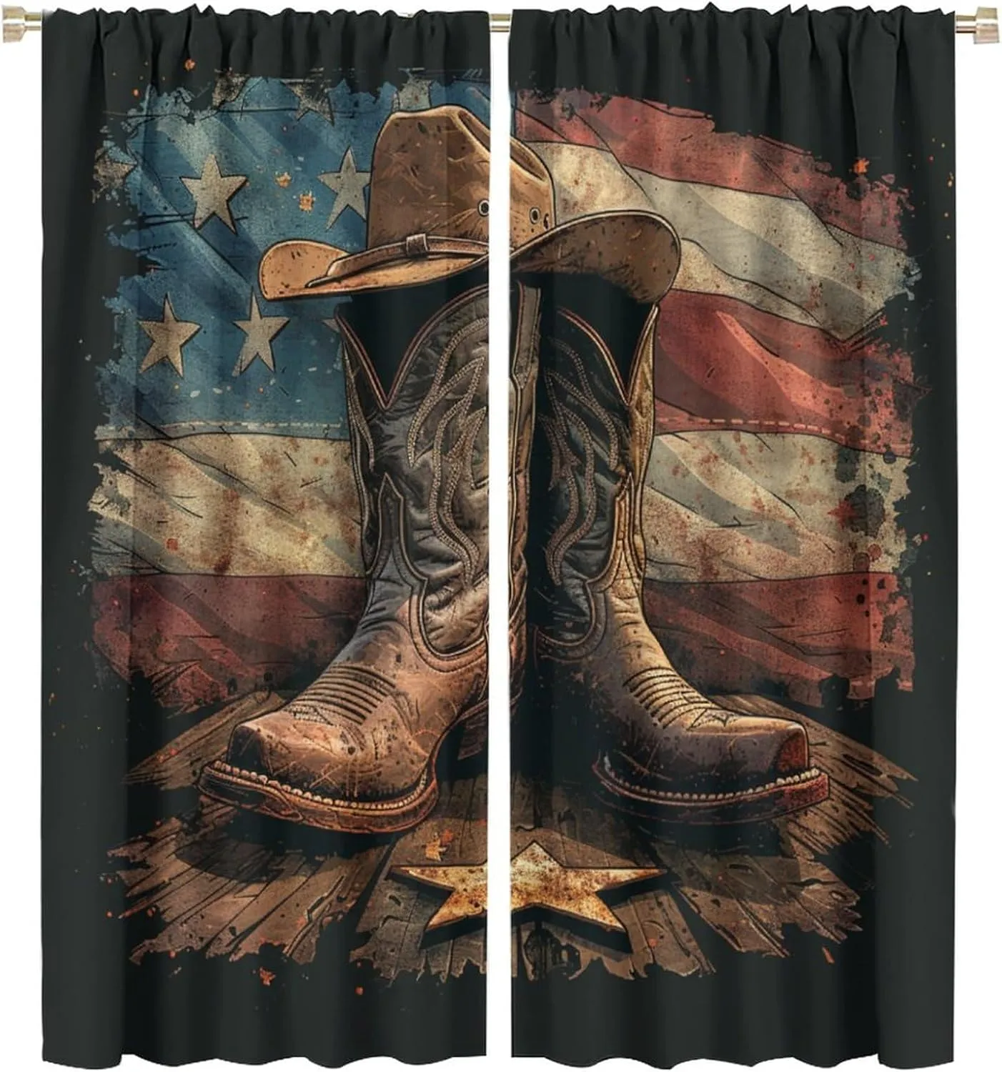 Retro Cowboy Hat Boot Blackout Curtains for Bedroom/Living Room, American Flag Star Striped Thermal Insulated Curtains Rod Pocket Window Drapes, 2 Panels/Each 27.5" W x 63" L