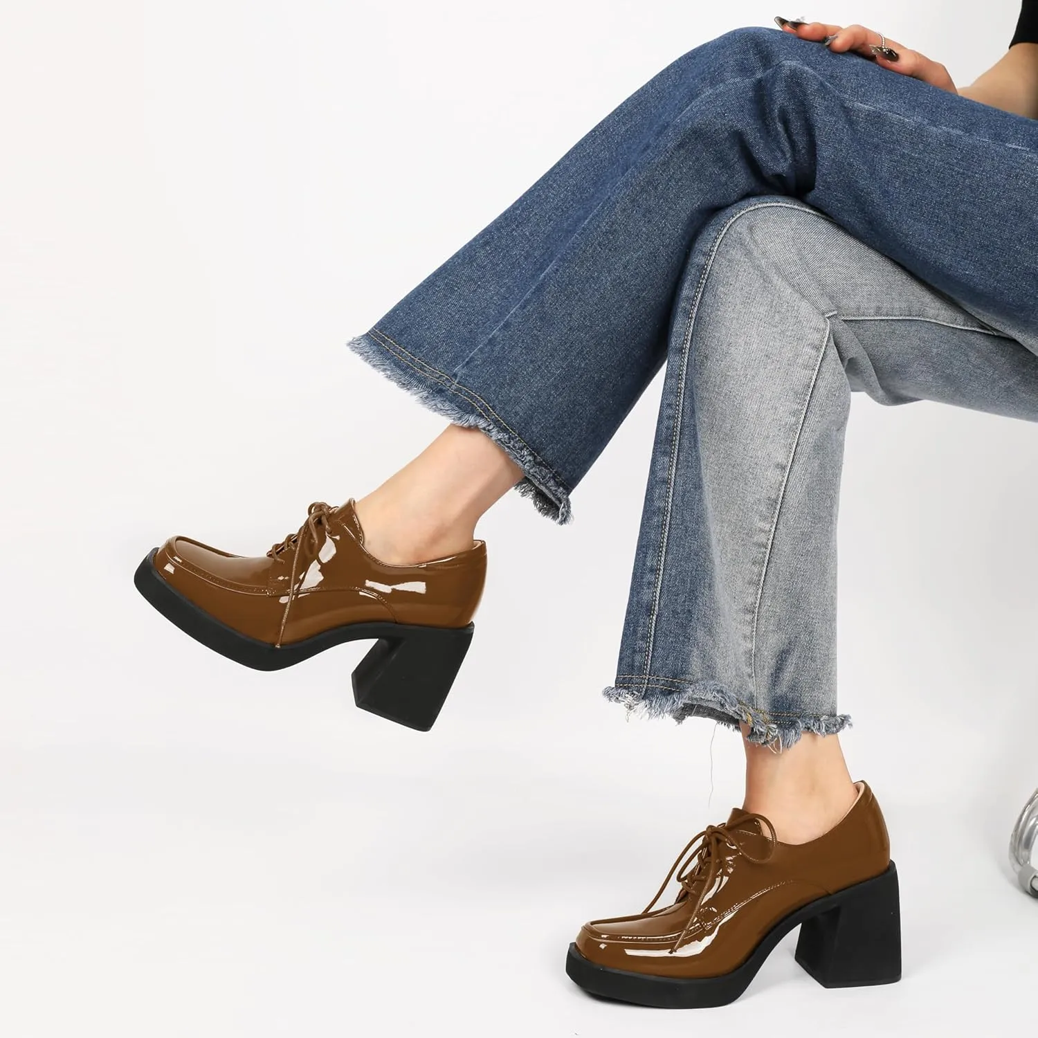 SAMMITOP Platform Oxfords for Women Chunky Lace Up Oxford Shoes Square Toe Casual Comfort Business Work Office Dress Shoes Patent Leather 3.2 Inches