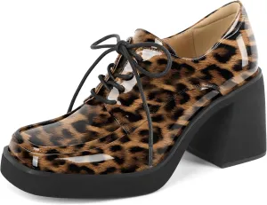 SAMMITOP Platform Oxfords for Women Chunky Lace Up Oxford Shoes Square Toe Casual Comfort Business Work Office Dress Shoes Patent Leather 3.2 Inches