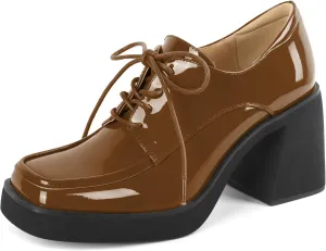 SAMMITOP Platform Oxfords for Women Chunky Lace Up Oxford Shoes Square Toe Casual Comfort Business Work Office Dress Shoes Patent Leather 3.2 Inches