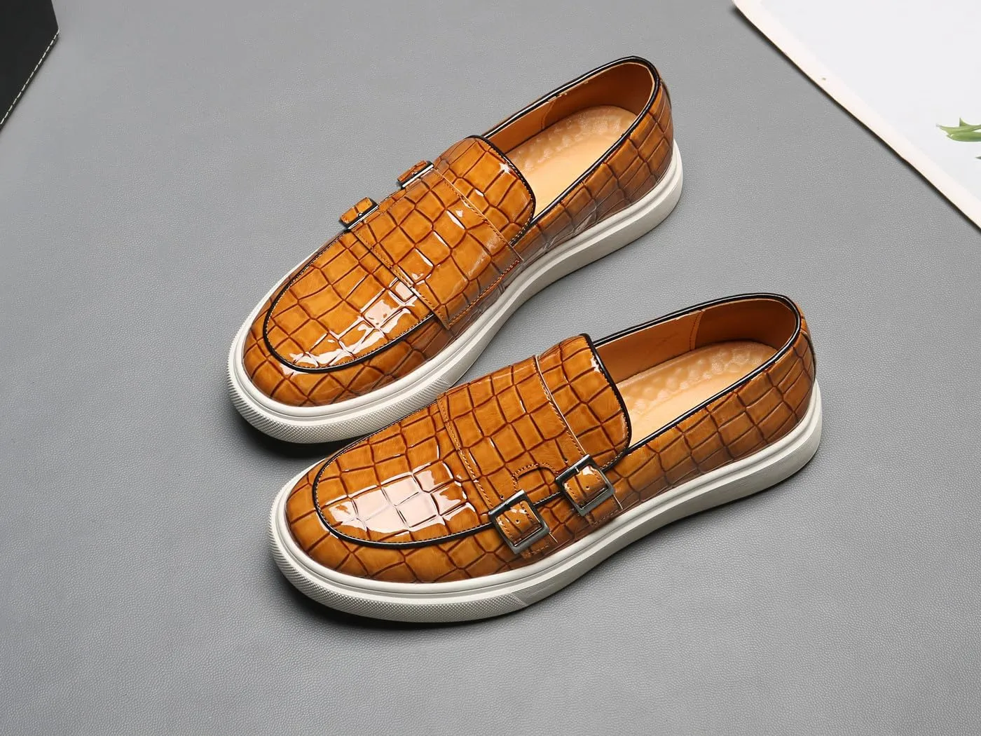 Santimon Men's Double Monk Strap Loafers Croc Patent Leather Formal Casual Chunky Dress Shoes