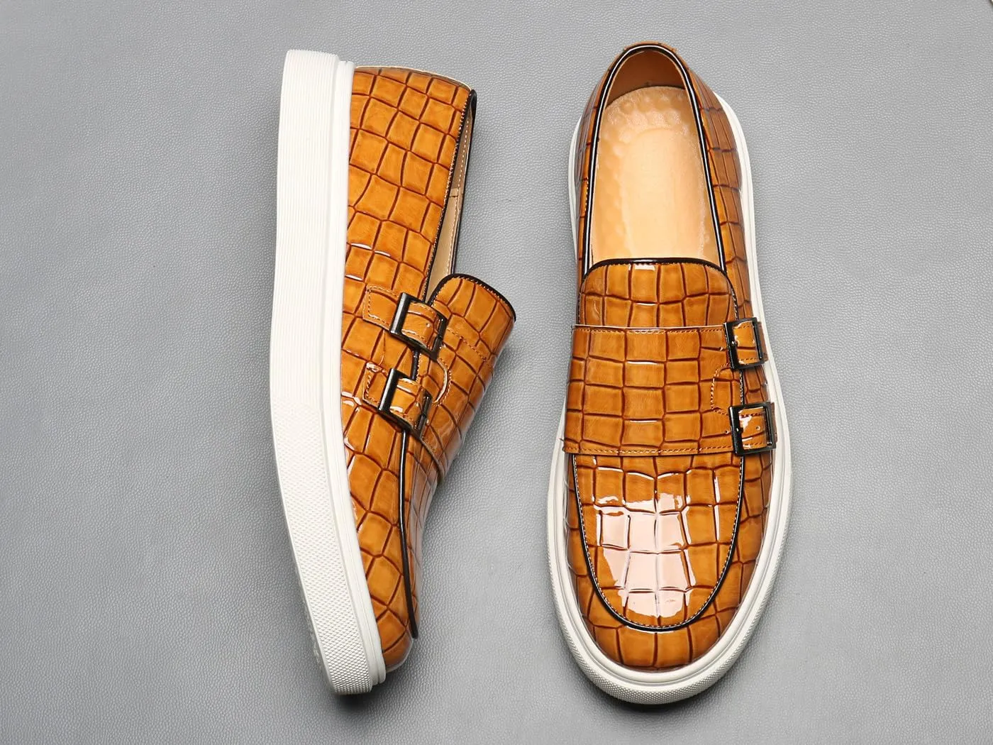 Santimon Men's Double Monk Strap Loafers Croc Patent Leather Formal Casual Chunky Dress Shoes