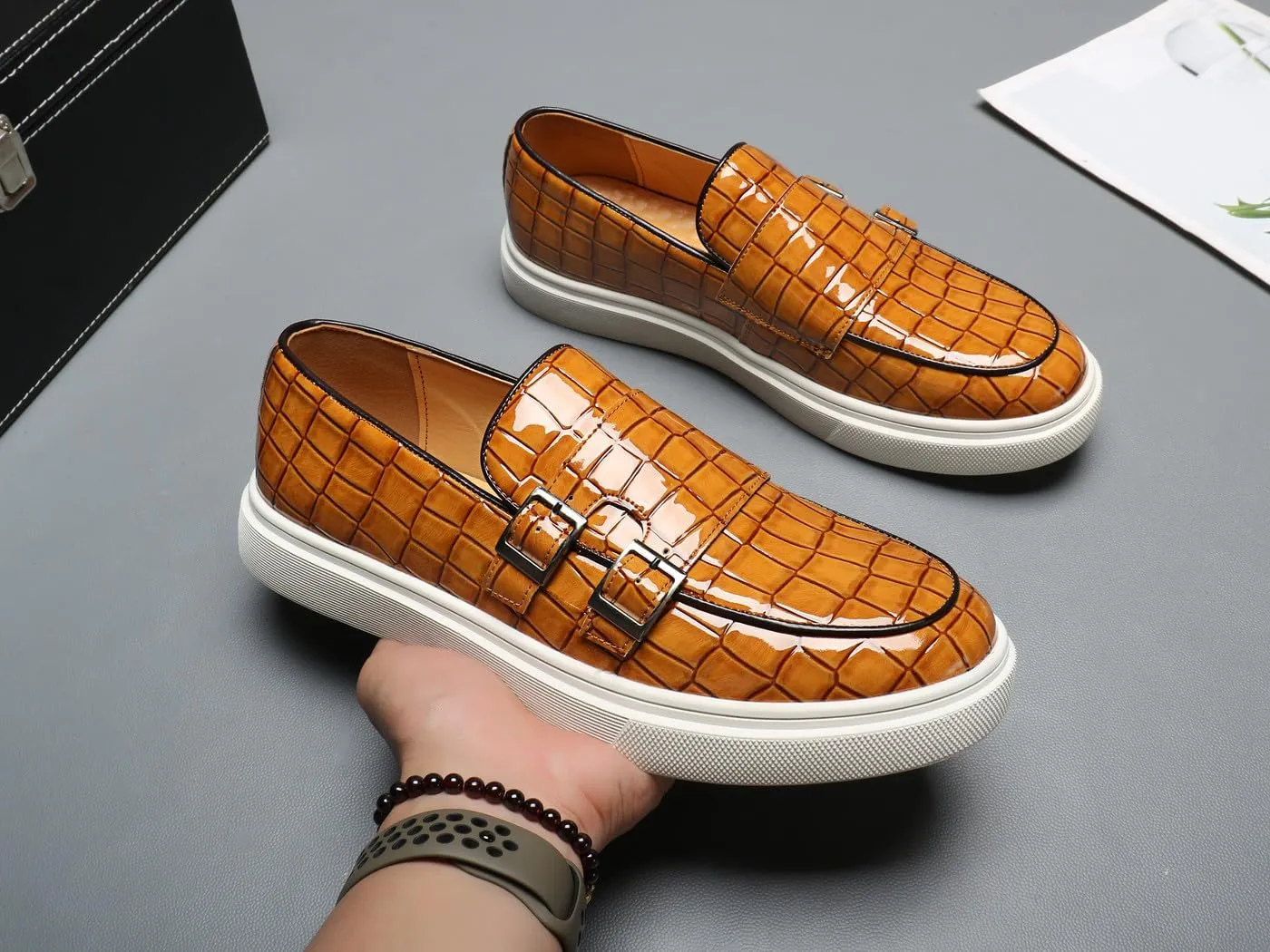 Santimon Men's Double Monk Strap Loafers Croc Patent Leather Formal Casual Chunky Dress Shoes