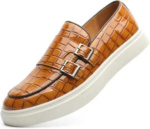 Santimon Men's Double Monk Strap Loafers Croc Patent Leather Formal Casual Chunky Dress Shoes