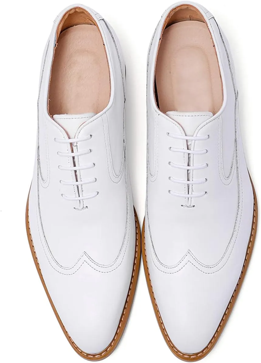 Santimon Men's Dress Shoes Formal Leather Wingtip Oxford Shoes for Men White