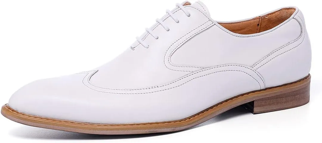 Santimon Men's Dress Shoes Formal Leather Wingtip Oxford Shoes for Men White