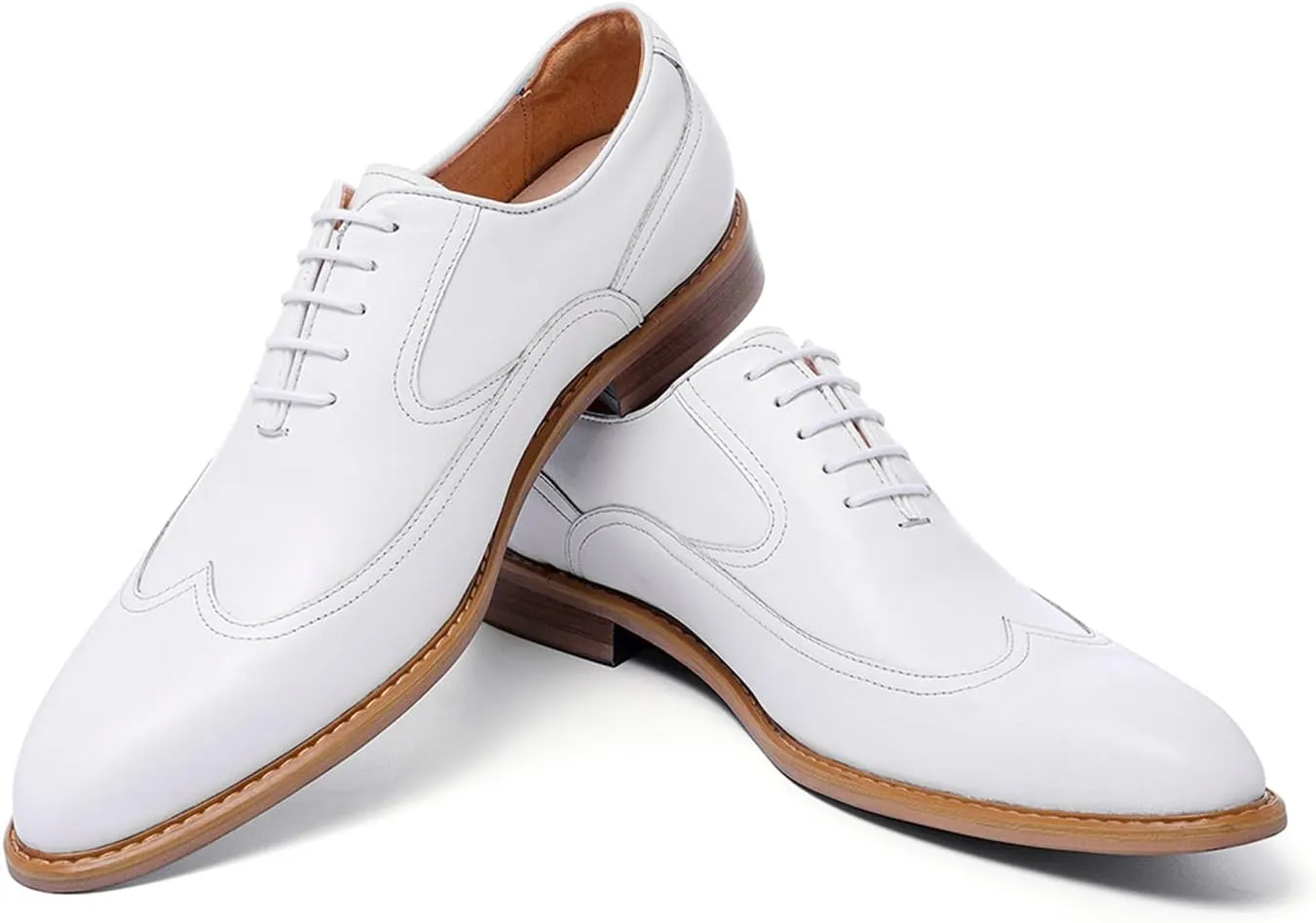 Santimon Men's Dress Shoes Formal Leather Wingtip Oxford Shoes for Men White