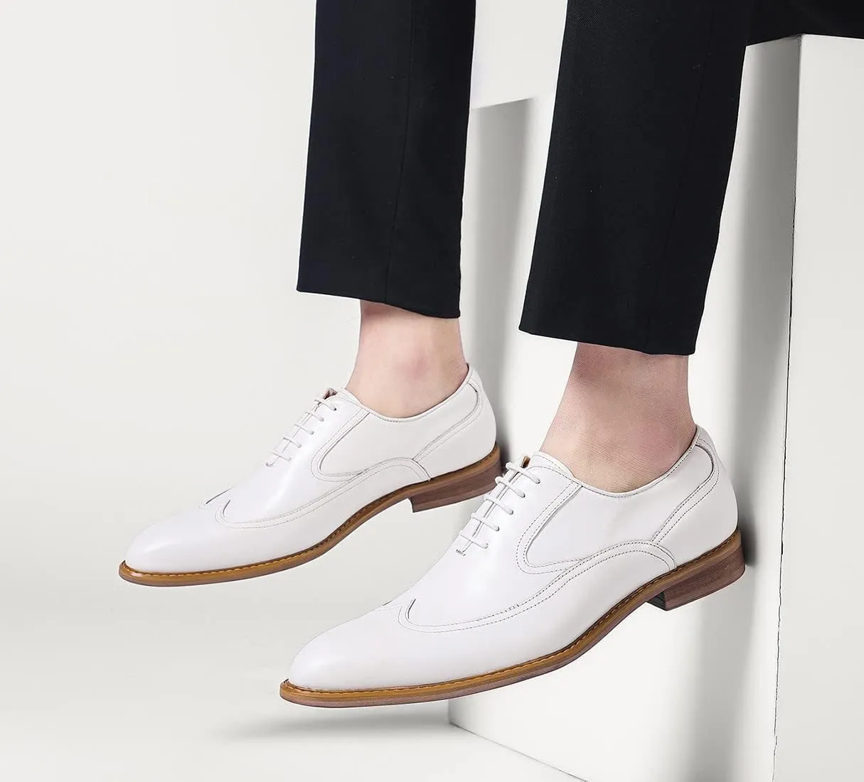 Santimon Men's Dress Shoes Formal Leather Wingtip Oxford Shoes for Men White