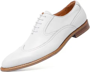 Santimon Men's Dress Shoes Formal Leather Wingtip Oxford Shoes for Men White