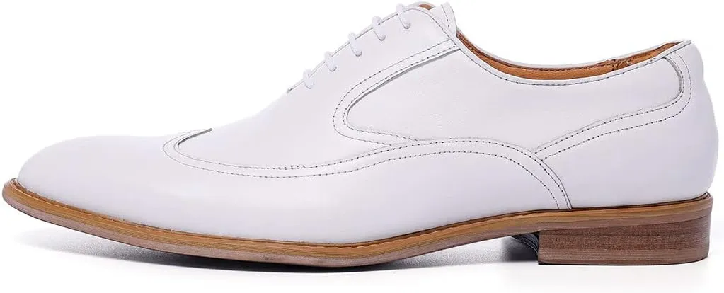 Santimon Men's Dress Shoes Formal Leather Wingtip Oxford Shoes for Men White