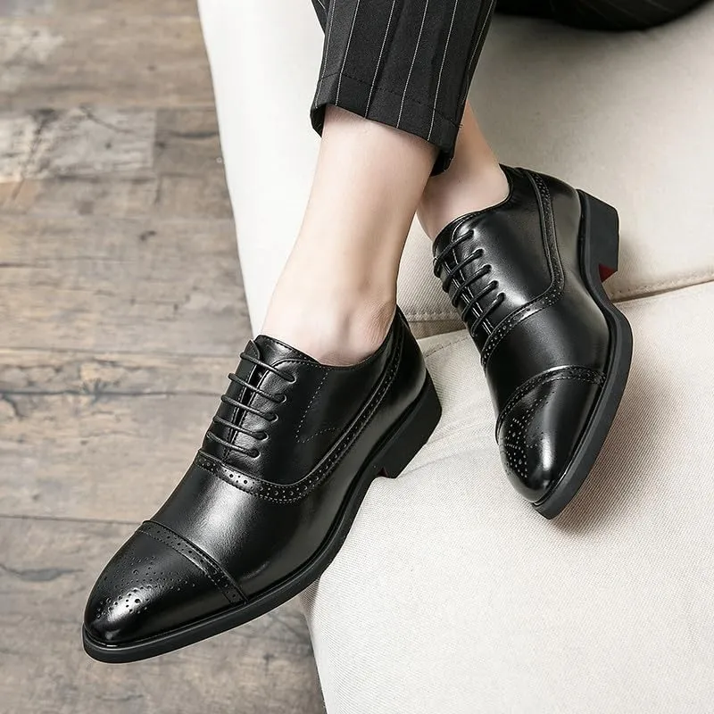 Santimon Men's Leather Oxfords Cap Toe Brogues Solid Formal Casual Office Business Dress Shoes