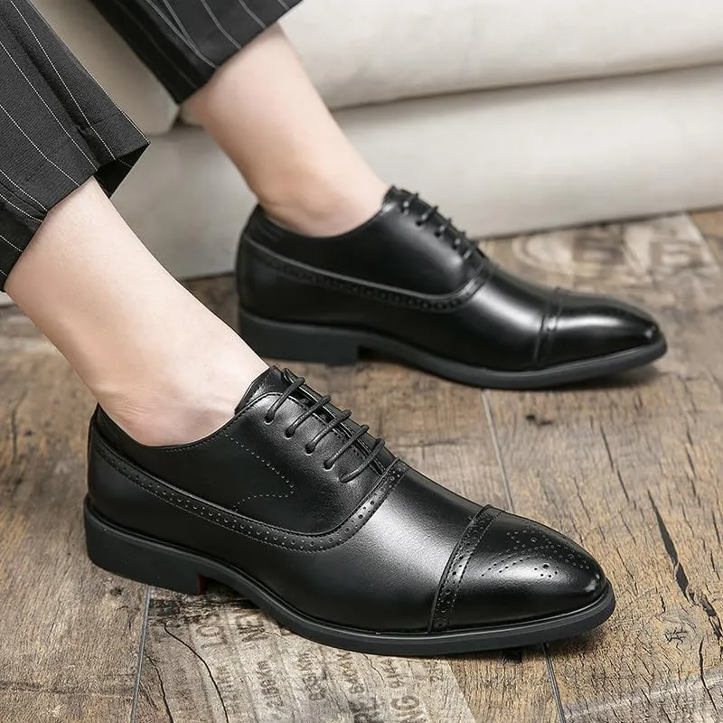 Santimon Men's Leather Oxfords Cap Toe Brogues Solid Formal Casual Office Business Dress Shoes