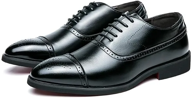 Santimon Men's Leather Oxfords Cap Toe Brogues Solid Formal Casual Office Business Dress Shoes