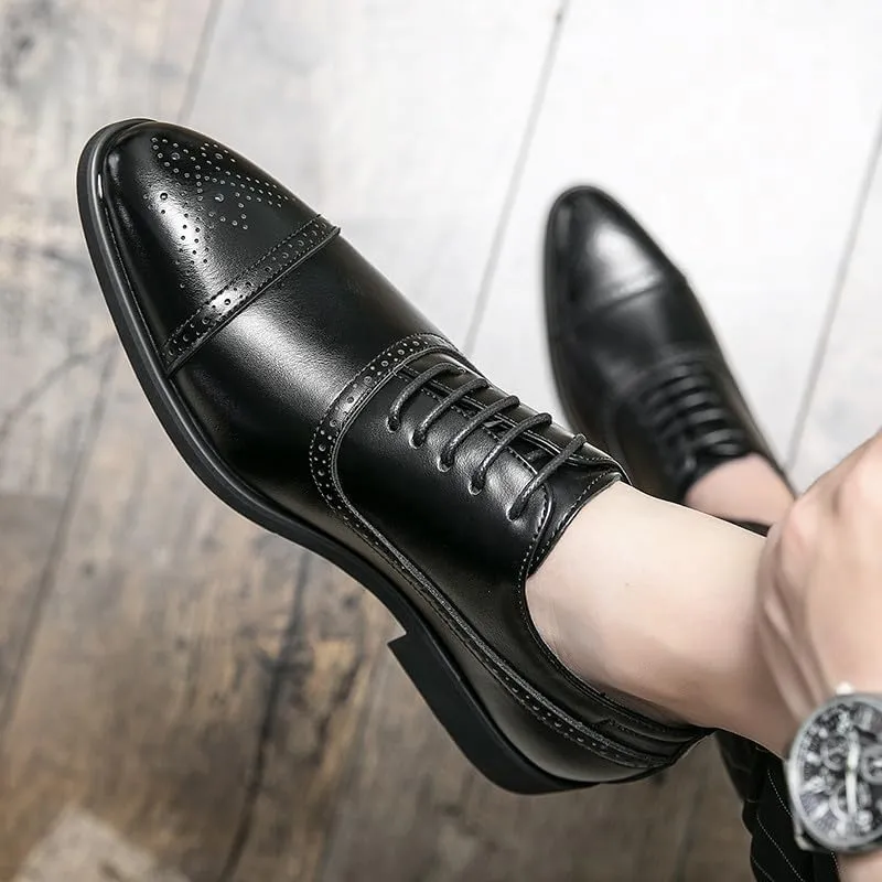 Santimon Men's Leather Oxfords Cap Toe Brogues Solid Formal Casual Office Business Dress Shoes