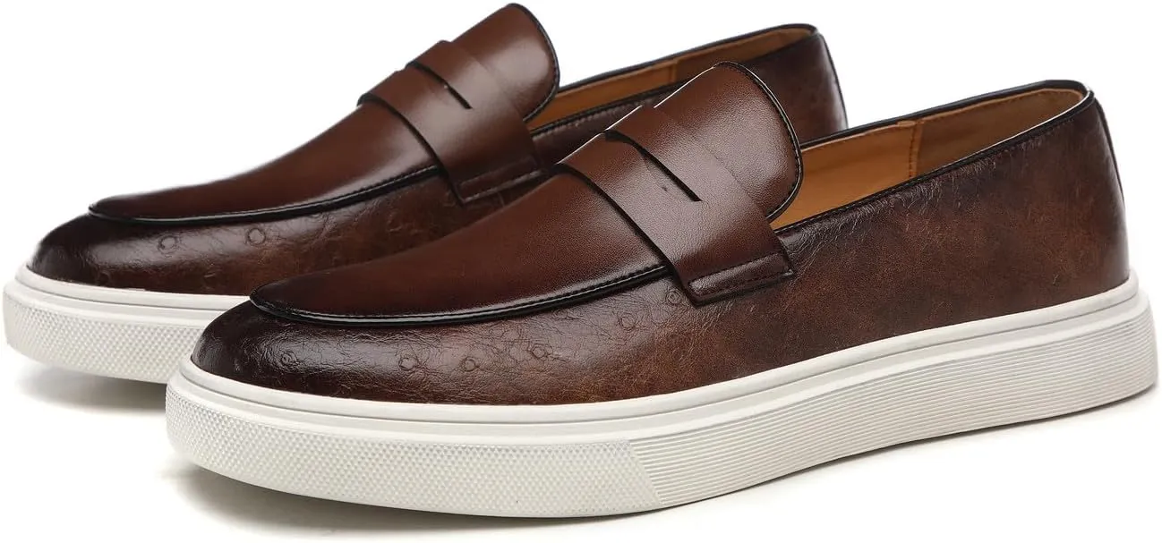 Santimon Men's Leather Penny Loafers Chunky Sole Slip-On Business Casual Shoes