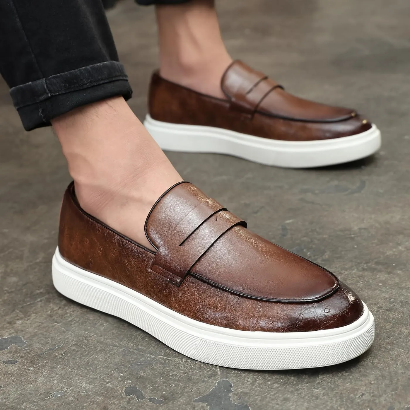Santimon Men's Leather Penny Loafers Chunky Sole Slip-On Business Casual Shoes