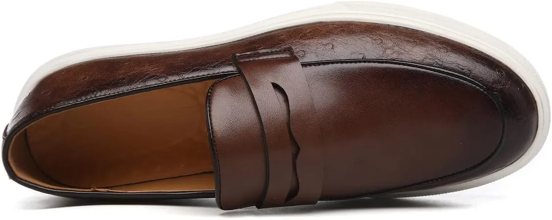 Santimon Men's Leather Penny Loafers Chunky Sole Slip-On Business Casual Shoes