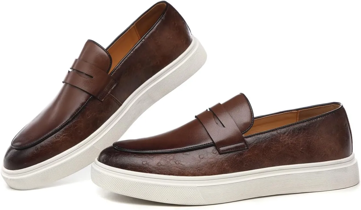 Santimon Men's Leather Penny Loafers Chunky Sole Slip-On Business Casual Shoes