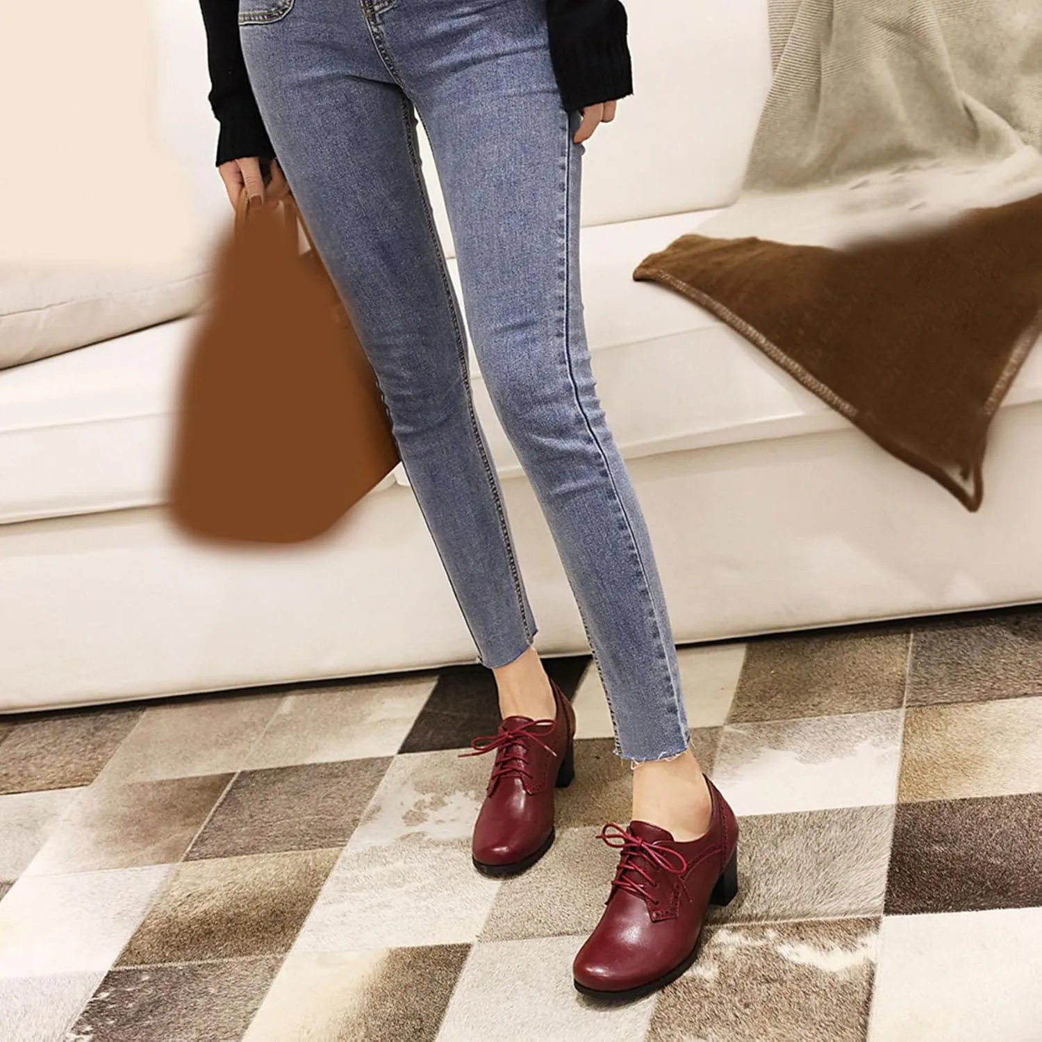 SHEMEE Women's Chunky Mid Heels Oxfords Vintage Round Square Toe Block Heeled Brogues Lace Up Work Offic Dress Shoes