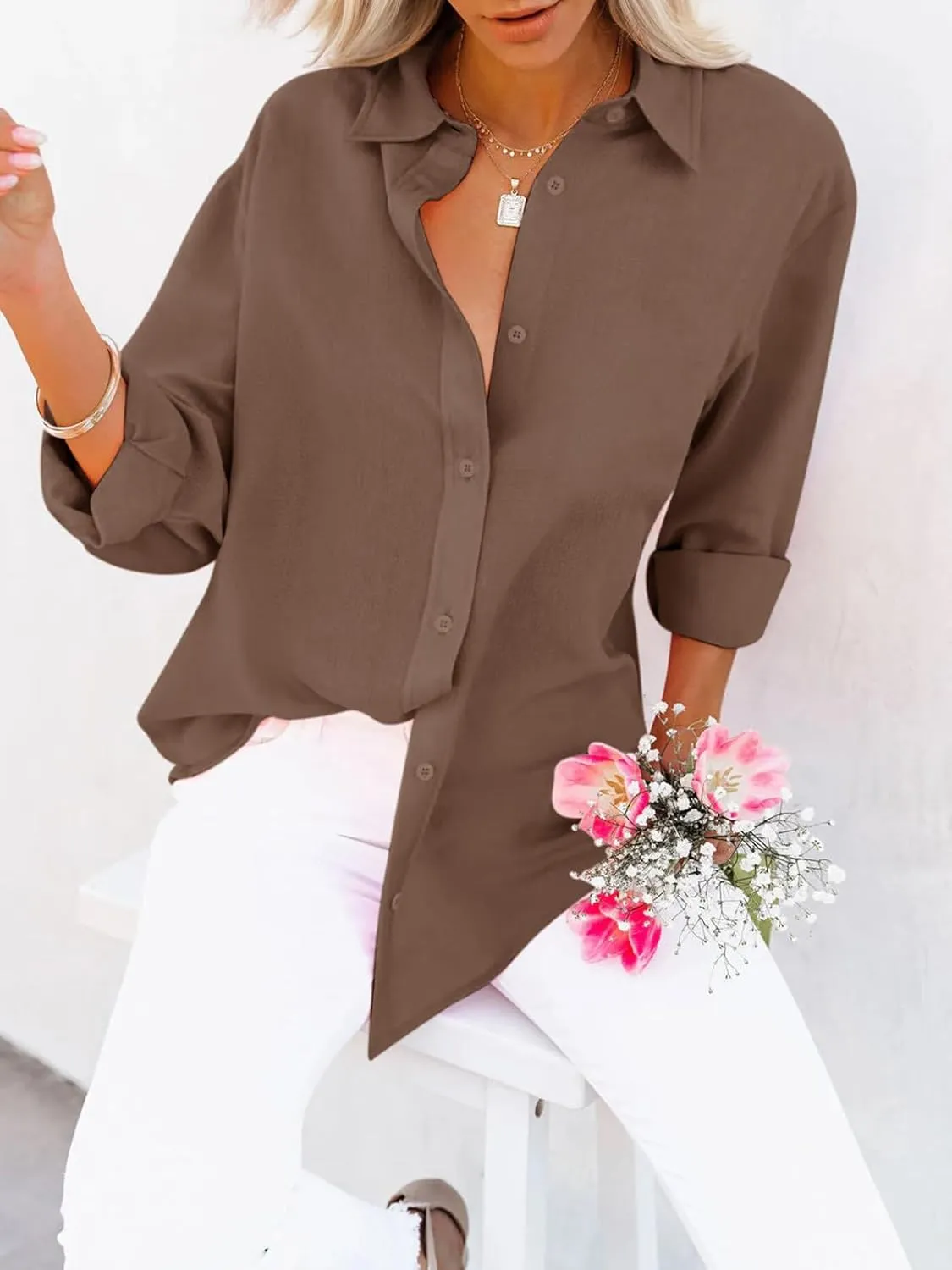 siliteelon Button Down Shirts for Women Dress Shirts Long Sleeve Wrinkle-Free Blouse Casual Solid Office Work Tunic Top